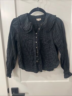 Black Textured Button-Front Women's Top with Peter Pan Collar. Pilcro